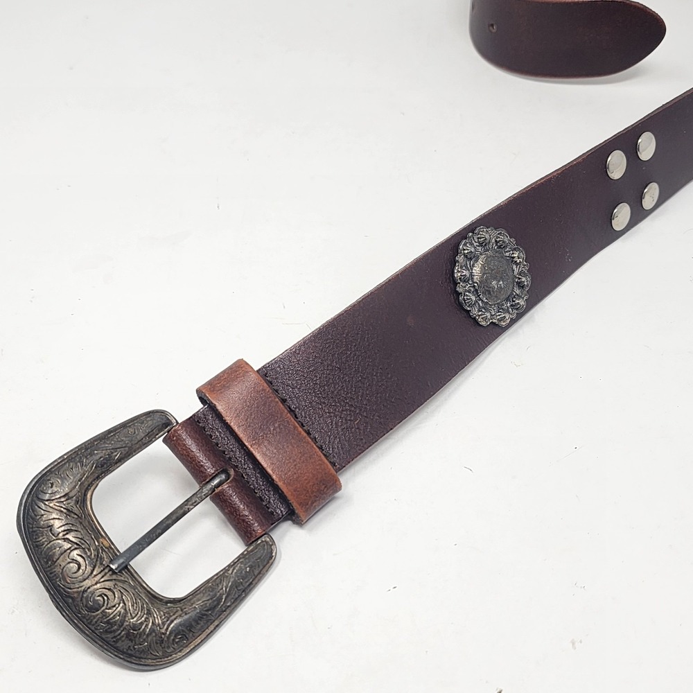 The Limited Leather Belt Womens M Brown Silver Buckle Medallion Concho Italy Y2K